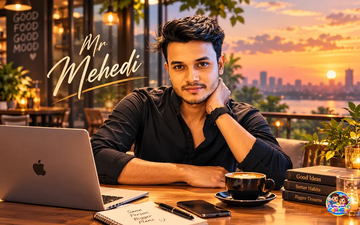 Mr Mehedi, founder of CubieTec and maker of CubieKids, at a table with his laptop